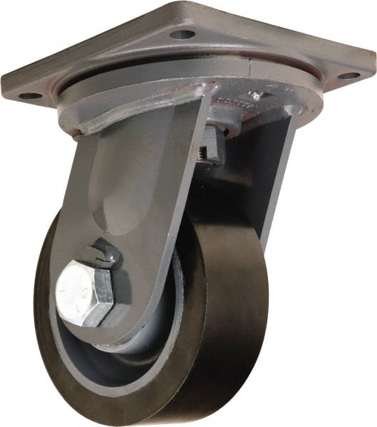 Hamilton - 8" Diam x 3" Wide x 11" OAH Top Plate Mount Swivel Caster - Polyurethane Mold on Forged Steel, 4,500 Lb Capacity, Tapered Roller Bearing, 8-1/2 x 8-1/2" Plate - Exact Tooling