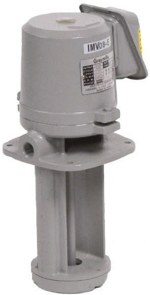 Graymills - 5/3 Amp, 115/230 Volt, 1/2 hp, 1 Phase, 3,450 RPM, Cast Iron Immersion Machine Tool & Recirculating Pump - 35 GPM, 42 psi, 4-3/4" Long x 4-3/4" Mounting Flange Width, 17-7/8" Overall Height, NPT Thread, Aluminum Impeller, TEFC Motor - Exact Tooling
