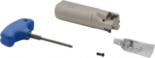 Iscar - 1-1/4" Cut Diam, 0.49" Max Depth of Cut, 1-1/4" Shank Diam, 4-1/4" OAL, Indexable Square Shoulder Helical End Mill - Weldon Shank, 90° Lead Angle, Through Coolant, Series Helitang - Exact Tooling