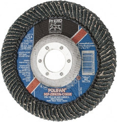 PFERD - 40 Grit, 5" Disc Diam, 7/8" Center Hole, Type 27 Zirconia Alumina Flap Disc - 12,200 Max RPM, Fiberglass Backing, Arbor Attaching System, Coated - Exact Tooling