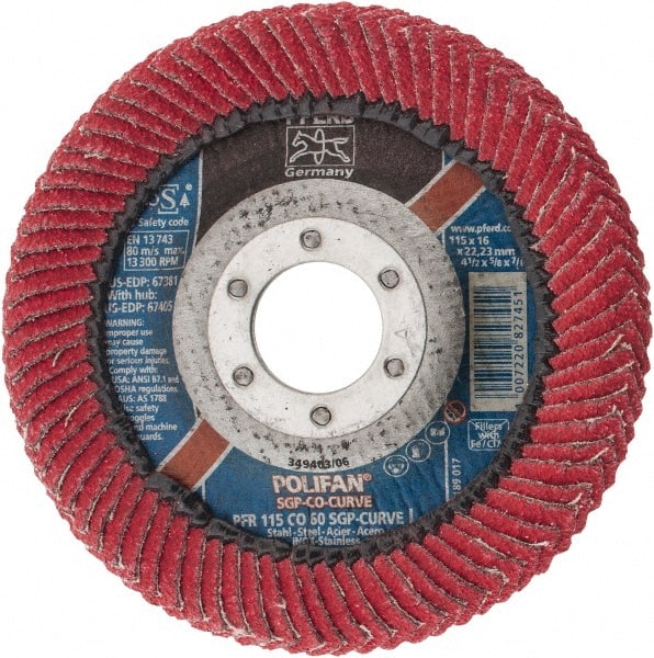 PFERD - 60 Grit, 4-1/2" Disc Diam, 7/8" Center Hole, Type 27 Ceramic Flap Disc - 13,300 Max RPM, Fiberglass Backing, Arbor Attaching System, Coated - Exact Tooling