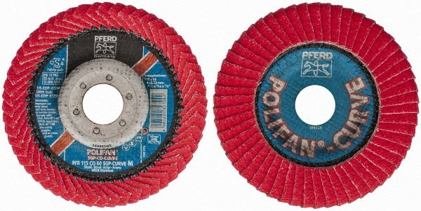 PFERD - 60 Grit, 4-1/2" Disc Diam, 7/8" Center Hole, Type 27 Ceramic Flap Disc - 13,300 Max RPM, Fiberglass Backing, Arbor Attaching System, Coated - Exact Tooling