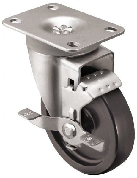 Shepherd - 3" Diam x 1-1/4" Wide x 4-1/4" OAH Top Plate Mount Swivel Caster with Brake - Polyolefin, 250 Lb Capacity, Plain Bearing, 2-5/8 x 3-3/4" Plate - Exact Tooling