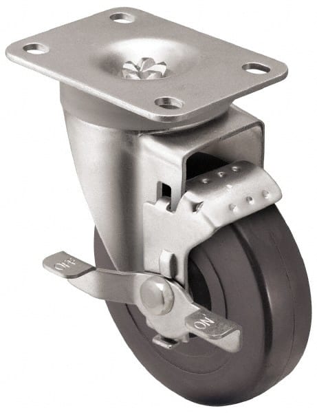 Shepherd - 3" Diam x 1-1/4" Wide x 4-1/4" OAH Top Plate Mount Swivel Caster with Brake - Soft Rubber, 150 Lb Capacity, Nylon Bearing, 2-5/8 x 3-3/4" Plate - Exact Tooling
