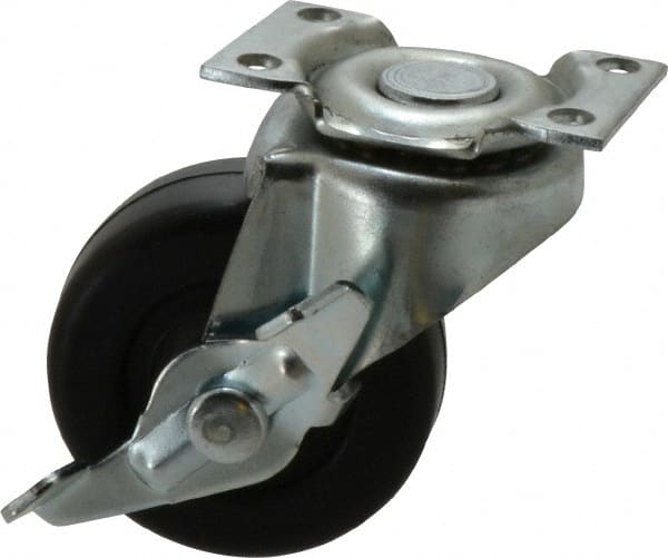 Shepherd - 2" Diam x 13/16" Wide x 2-5/8" OAH Top Plate Mount Swivel Caster with Brake - Soft Rubber, 80 Lb Capacity, Nylon Bearing, 1-3/16 x 2" Plate - Exact Tooling