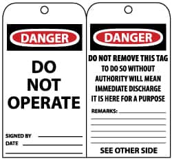 NMC - 3" High x 6" Long, DANGER - DO NOT OPERATE, English Safety & Facility Lockout Tag - Tag Header: Danger, 2 Sides, Black, Red & White Unrippable Vinyl - Exact Tooling