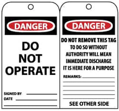 NMC - 3" High x 6" Long, DANGER - DO NOT OPERATE, English Safety & Facility Lockout Tag - Tag Header: Danger, 2 Sides, Black, Red & White Unrippable Vinyl - Exact Tooling