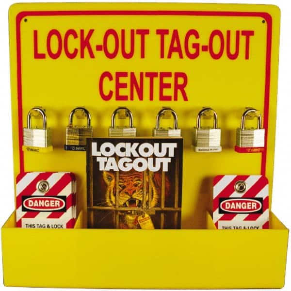 NMC - Equipped Acrylic Lockout Device and Tag Station - 16 Inch Wide x 16 Inch High, Red and Yellow - Exact Tooling