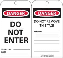 NMC - 3" High x 6" Long, DANGER - DO NOT ENTER, English Safety & Facility Accident Prevention Tag - Tag Header: Danger, 2 Sides, Black, Red & White Unrippable Vinyl - Exact Tooling