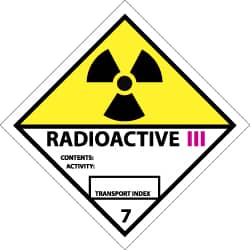 NMC - Accident Prevention Label - Legend: Radioactive III Contents: Activity: Transport Index, English, Black, Yellow, Pink & White, 4" Long x 4" High, Sign Muscle Finish - Exact Tooling