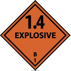 NMC - Accident Prevention Label - Legend: 1.4 Explosive B, English, Black & Orange, 4" Long x 4" High, Sign Muscle Finish - Exact Tooling