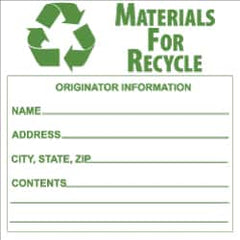 NMC - Hazardous Materials Label - Legend: Materials for Recycle - Originator Information - Name _____, Address _____, City, State, Zip _____, Contents _______, English, Green & White, 6" Long x 6" High, Sign Muscle Finish - Exact Tooling