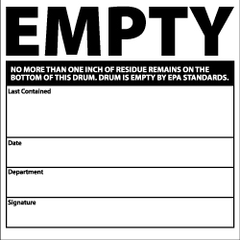 NMC - Hazardous Materials Label - Legend: Empty No More than One Inch of Residue Remains on the Bottom of This Drum. Drum Is Empty by EPA Standards. Last Contained..., English, Black & White, 6" Long x 6" High, Sign Muscle Finish - Exact Tooling