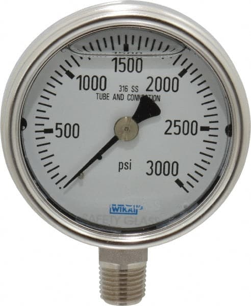 Wika - 2-1/2" Dial, 1/4 Thread, 0-3,000 Scale Range, Pressure Gauge - Lower Connection Mount, Accurate to 2-1-2% of Scale - Exact Tooling