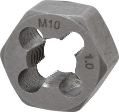 Interstate - M10x1.00 Metric Fine Thread, 25/32" Hex, Right Hand Thread, Hex Rethreading Die - Carbon Steel, 7/16" Thick - Exact Tooling