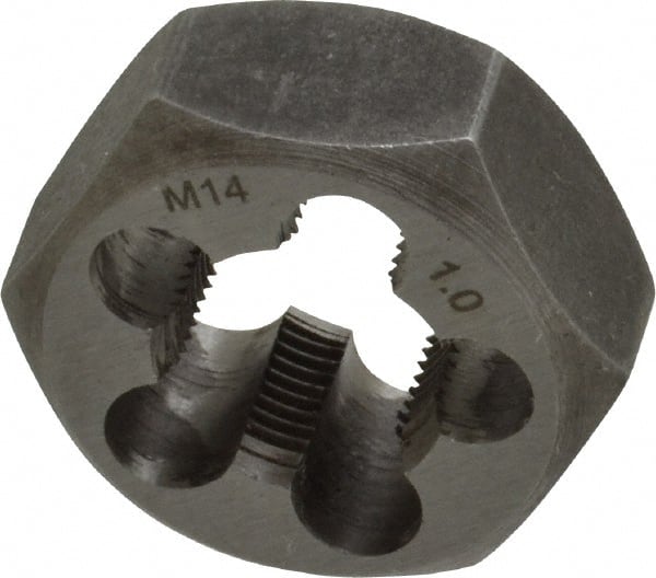 Interstate - M14x1.00 Metric Fine Thread, 1-1/16" Hex, Right Hand Thread, Hex Rethreading Die - Carbon Steel, 1/2" Thick - Exact Tooling