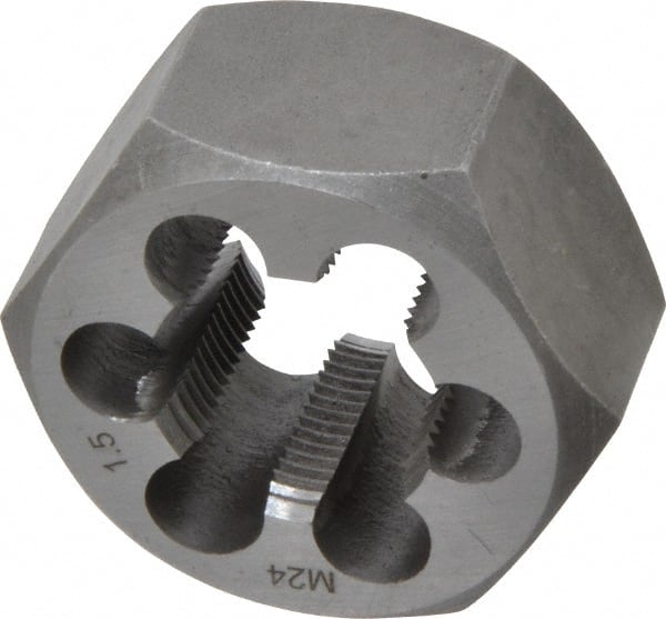 Interstate - M24x1.50 Metric Fine Thread, 1-13/16" Hex, Right Hand Thread, Hex Rethreading Die - Carbon Steel, 1" Thick - Exact Tooling