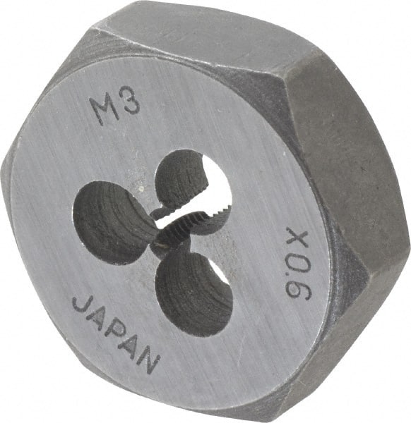 Interstate - M3x0.60 Metric Special Thread, 19/32" Hex, Right Hand Thread, Hex Rethreading Die - Carbon Steel, 1/4" Thick - Exact Tooling