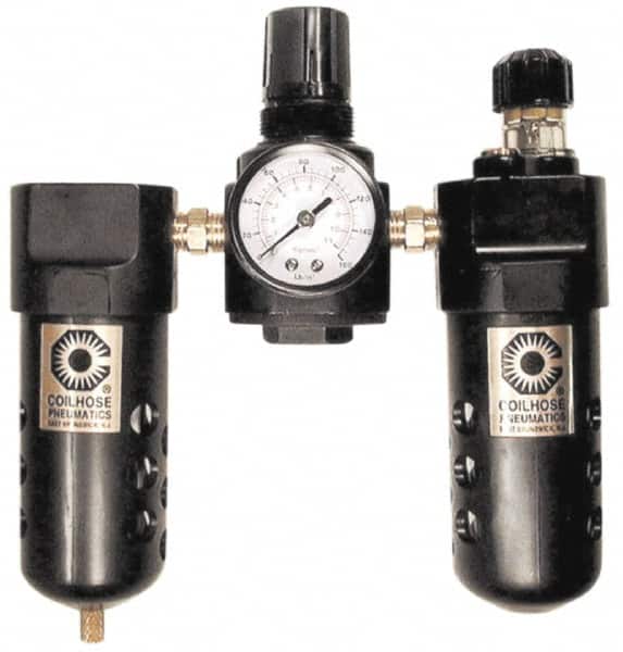 Coilhose Pneumatics - 1/4" NPT Port Compact 3 Piece Filter-Regulator-Lubricator FRL Unit - Polycarbonate Bowl, 48 SCFM, 150 Max psi, 6.5" High, Automatic Drain - Exact Tooling