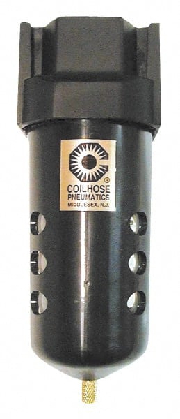 Coilhose Pneumatics - 1/2" Port, 7" High x 2-3/4" Wide, Standard FRL Filter with Metal Bowl & Automatic Drain - 127 SCFM, 250 Max psi, 250°F Max, Modular Connection, 8.5 oz Bowl Capacity - Exact Tooling