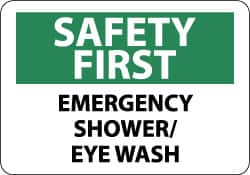 NMC - "Safety First - Emergency Shower/Eye Wash", 10" Long x 14" Wide, Rigid Plastic Safety Sign - Rectangle, 0.05" Thick, Use for First Aid - Exact Tooling