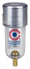 Coilhose Pneumatics - 1/8" Port, 4" High x 1-1/2" Wide, Miniature FRL Filter with Polycarbonate Bowl & Manual Drain - 25 SCFM, 150 Max psi, 120°F Max, 1.5 oz Bowl Capacity - Exact Tooling