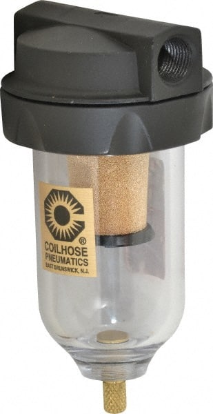 Coilhose Pneumatics - 3/8" Port, 5" High, FRL Filter with Polycarbonate Bowl & Manual Drain - 150 Max psi, 120°F Max, 4 oz Bowl Capacity - Exact Tooling