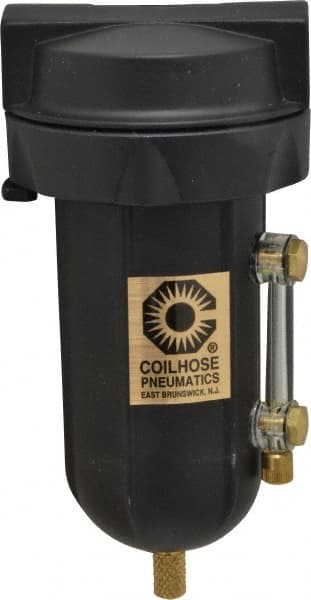 Coilhose Pneumatics - 1/4" Port, 5" High, FRL Filter with Aluminum Bowl & Manual Drain - 250 Max psi, 250°F Max, 4 oz Bowl Capacity - Exact Tooling