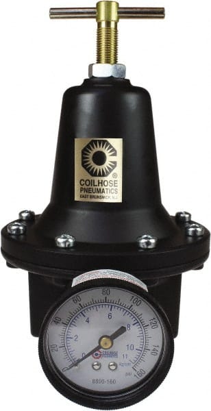 Coilhose Pneumatics - 1/4 NPT Port, 40 CFM, Cast Aluminum Heavy-Duty T-Handle Regulator - 0 to 125 psi Range, 250 Max psi Supply Pressure, 1/4" Gauge Port Thread, 3" Wide x 5-1/2" High - Exact Tooling