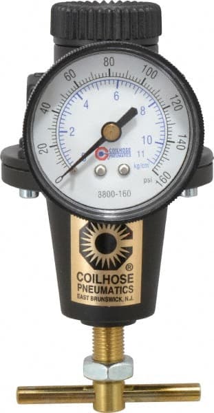 Coilhose Pneumatics - 3/8 NPT Port, 40 CFM, Cast Aluminum Heavy-Duty T-Handle Regulator - 0 to 125 psi Range, 250 Max psi Supply Pressure, 1/4" Gauge Port Thread, 3" Wide x 5-1/2" High - Exact Tooling