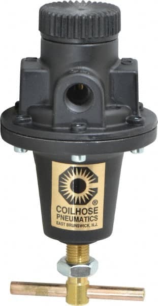 Coilhose Pneumatics - 3/8 NPT Port, 40 CFM, Cast Aluminum Heavy-Duty T-Handle Regulator - 0 to 125 psi Range, 250 Max psi Supply Pressure, 1/4" Gauge Port Thread, 3" Wide x 5-1/2" High - Exact Tooling