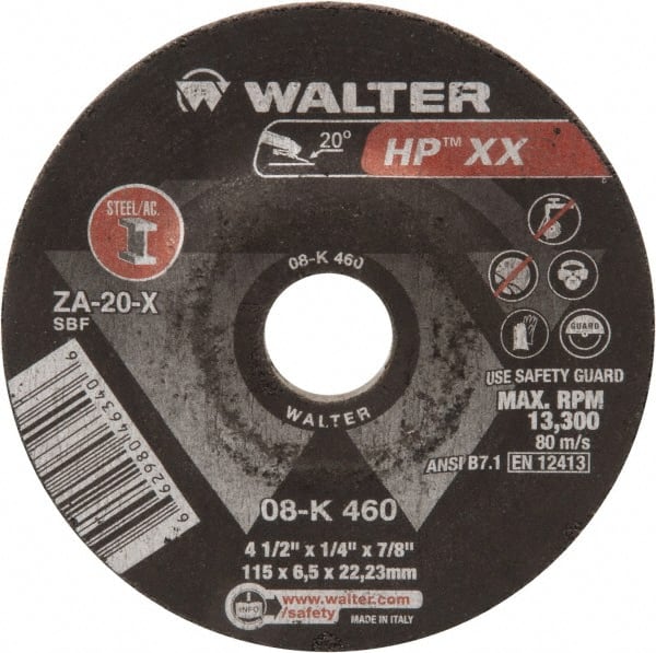 WALTER Surface Technologies - 20 Grit, 4-1/2" Wheel Diam, 1/4" Wheel Thickness, Type 27 Depressed Center Wheel - Aluminum Oxide, 13,300 Max RPM - Exact Tooling