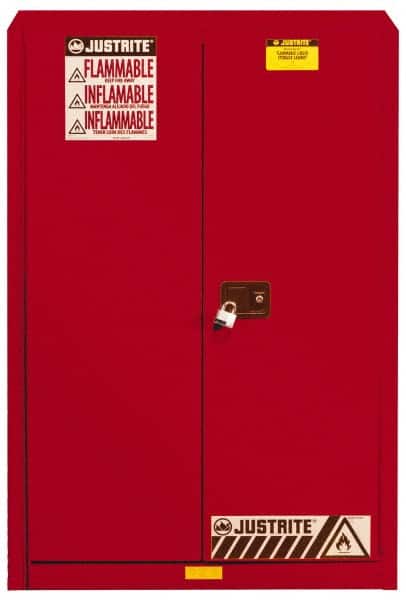 Justrite - 2 Door, 5 Shelf, Red Steel Standard Safety Cabinet for Flammable and Combustible Liquids - 65" High x 43" Wide x 18" Deep, Manual Closing Door, 3 Point Key Lock, 60 Gal Capacity - Exact Tooling