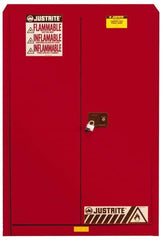 Justrite - 2 Door, 5 Shelf, Red Steel Standard Safety Cabinet for Flammable and Combustible Liquids - 65" High x 43" Wide x 18" Deep, Manual Closing Door, 3 Point Key Lock, 60 Gal Capacity - Exact Tooling