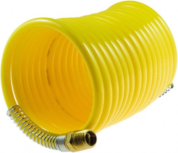 Coilhose Pneumatics - 1/4" ID, 1/4 Thread, 25' Long, Yellow Nylon Coiled & Self Storing Hose - 185 Max psi, Male Swivel x Male Swivel - Exact Tooling