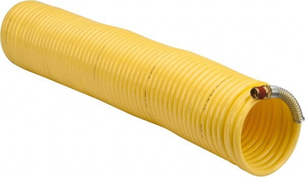 Coilhose Pneumatics - 1/4" ID, 1/4 Thread, 50' Long, Yellow Nylon Coiled & Self Storing Hose - 185 Max psi, Male Swivel x Male Swivel - Exact Tooling