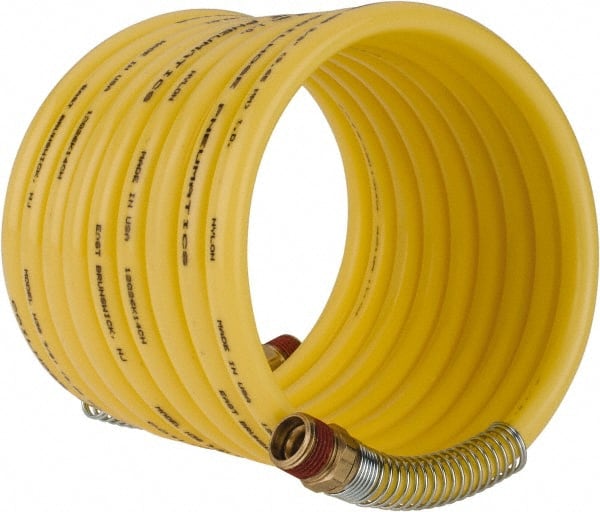 Coilhose Pneumatics - 3/8" ID, 3/8 Thread, 12' Long, Yellow Nylon Coiled & Self Storing Hose - 165 Max psi, Male Swivel x Male Swivel - Exact Tooling