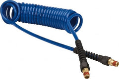 Coilhose Pneumatics - 1/4" ID, 1/4 Thread, 15' Long, Dark Blue Polyurethane Coiled & Self Storing Hose - 125 Max psi, Male Swivel x Male Swivel with Strain Relief - Exact Tooling