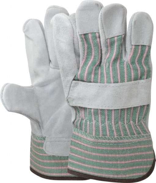 PIP - Size L (9) Split Cowhide General Protection Work Gloves - For General Purpose, Uncoated, Safety Cuff, Full Fingered, Green/Pink/Gray, Paired - Exact Tooling