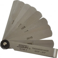 SPI - 9 Piece, 0.0015 to 0.015", Parallel Feeler Gage Set - 3" Long x 1/2" Wide, Tempered Steel - Exact Tooling