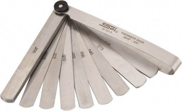 SPI - 13 Piece, 0.0015 to 0.2" Thick, Parallel Feeler Gage Set - 4-1/4" Leaf Length, 1/2" Wide, Tempered Steel - Exact Tooling
