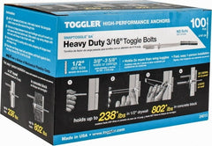Toggler - 3/16" Screw, 6-1/4" Long, 3/8 to 3-5/8" Thick, Toggle Bolt Drywall & Hollow Wall Anchor - 3/16 - 24" Thread, 1/2" Drill, Zinc Plated, Steel, Grade 1010, Use in Drywall - Exact Tooling