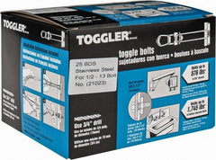 Toggler - 1/2" Screw, 6" Long, 3/8 to 2-1/2" Thick, Toggle Bolt Drywall & Hollow Wall Anchor - 1/2 - 13" Thread, 3/4" Drill, Uncoated, Stainless Steel, Grade 304, Use in Drywall - Exact Tooling