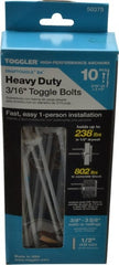 Toggler - 3/16" Screw, 6-1/4" Long, 3/8 to 3-5/8" Thick, Toggle Bolt Drywall & Hollow Wall Anchor - 3/16 - 24" Thread, 1/2" Drill, Zinc Plated, Steel, Grade 1010, Use in Drywall - Exact Tooling