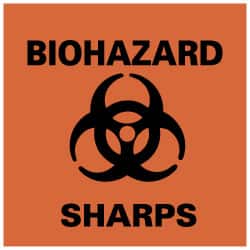 NMC - Hazardous Materials Label - Legend: Biohazard - Sharps, English, Black & Orange, 4" Long x 4" High, Sign Muscle Finish - Exact Tooling