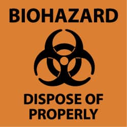 NMC - "Biohazard - Dispose of Properly", 7" Long x 7" Wide, Pressure-Sensitive Vinyl Safety Sign - Square, 0.004" Thick, Use for Hazardous Materials - Exact Tooling
