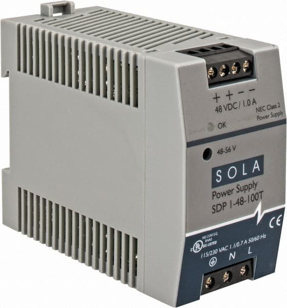 Sola/Hevi-Duty - 100 Watt, 1 Amp, 264 VAC, 375 VDC Input, 48 to 56 VDC Output, DIN Rail Power Supply - Screw Terminal Connection, 1 Output, 1.77 Inch Wide x 3.58 Inch Deep x 2.95 Inch High, Up to 90% Efficiency, 14 to 140°F, Green LED Display - Exact Tooling