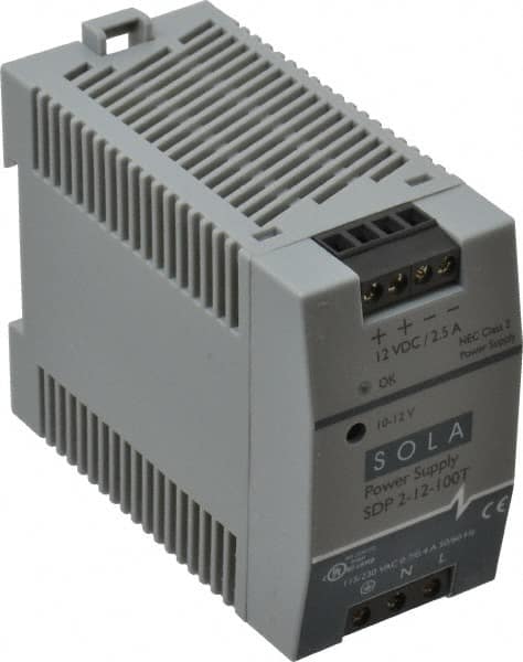 Sola/Hevi-Duty - 100 Watt, 3 to 2.5 Amp, 264 VAC, 375 VDC Input, 10 to 12 VDC Output, DIN Rail Power Supply - Screw Terminal Connection, 1 Output, 1.77 Inch Wide x 3.58 Inch Deep x 2.95 Inch High, Up to 80% Efficiency, 14 to 140°F, Green LED Display - Exact Tooling