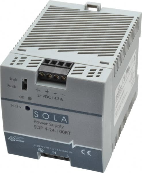 Sola/Hevi-Duty - 100 Watt, 4.20 Amp, 132 VAC, 264 VAC, 375 VDC Input, 24 to 28 VDC Output, DIN Rail Power Supply - Screw Terminal Connection, 1 Output, 2.85 Inch Wide x 3.8 Inch Deep x 2.95 Inch High, Up to 88% Efficiency, 14 to 140°F, Green LED Display - Exact Tooling
