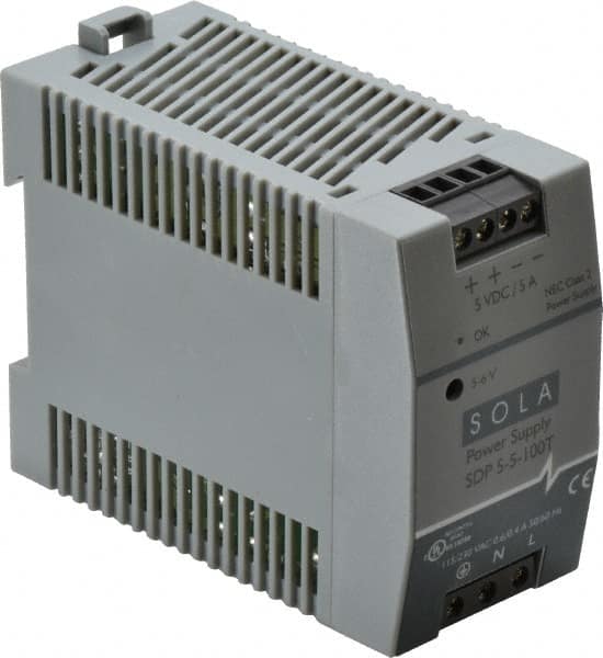 Sola/Hevi-Duty - 100 Watt, 5 Amp, 264 VAC, 375 VDC Input, 5 to 6 VDC Output, DIN Rail Power Supply - Screw Terminal Connection, 1 Output, 1.77 Inch Wide x 3.58 Inch Deep x 2.95 Inch High, Up to 80% Efficiency, 14 to 140°F, Green LED Display - Exact Tooling